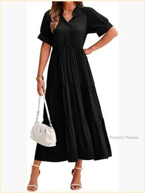 Short Sleeve Button Down Midi Dress with Pleated Tiered Hem - Loose Fit Flowy